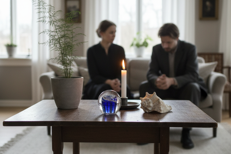 Two grieving people sitting in a living room with a table in front of them, featuring a candle and a Memory Glass Memorial Orb.